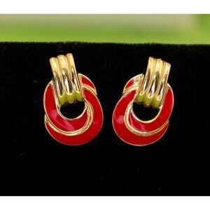 Vintage Spiral Red Crescents Gold Tone Stud Earrings by Trifari - W17